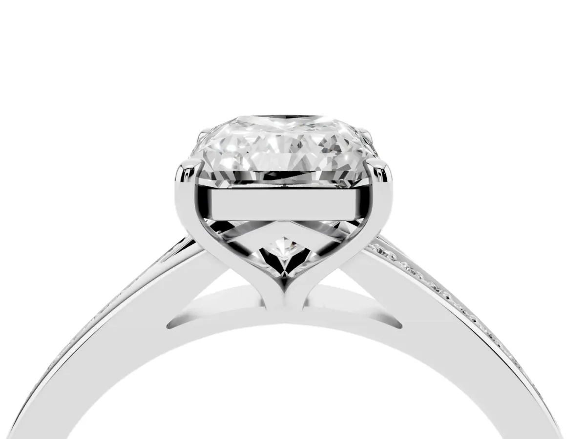 Radiant Cut Diamond Solitaire Ring with Pavé Band and Prong Setting Silver