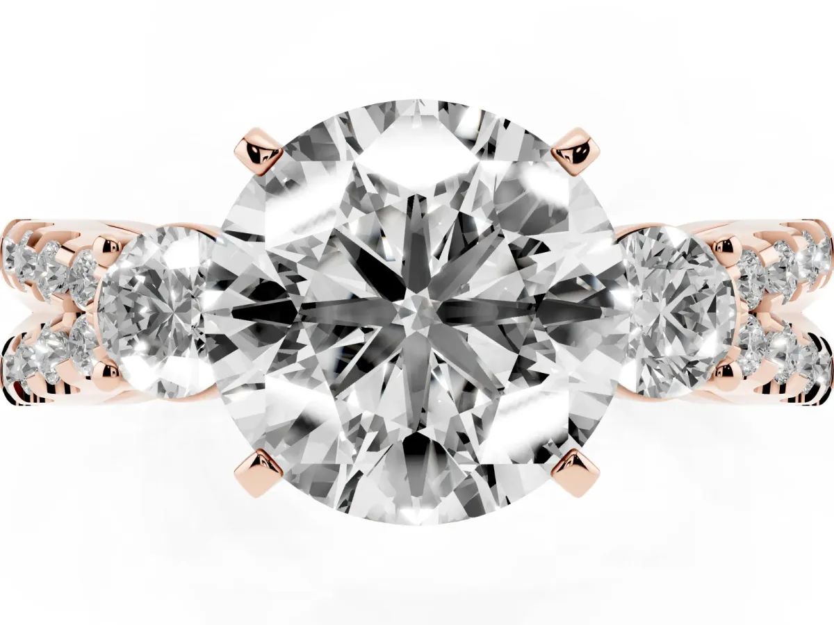 Round Cut Diamond Three-Stone Ring with Pavé Split Shank and Four-Prong Setting Rose gold