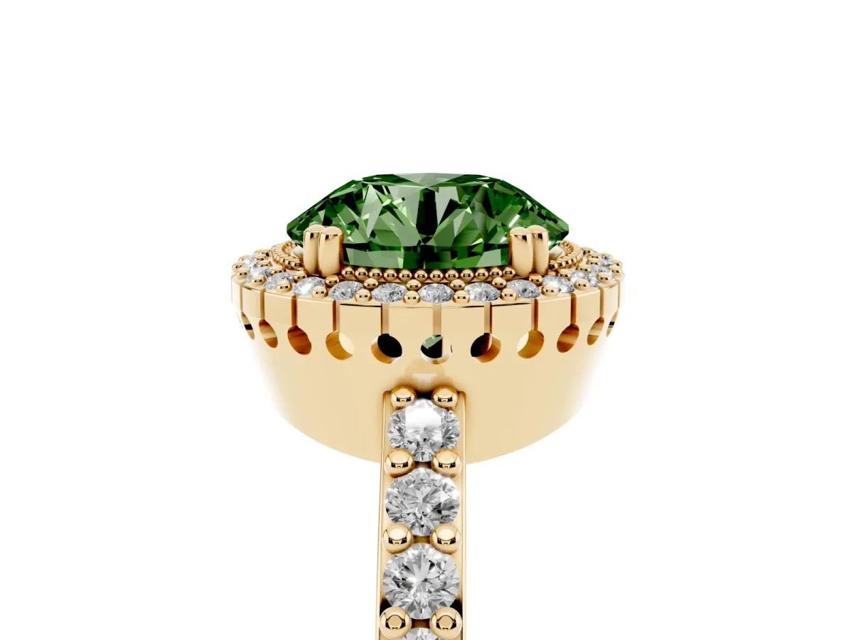 Fancy Green Round Cut Cut Diamond Halo Engagement Ring with Milgrain Detail and Pavé Band Yellow gold