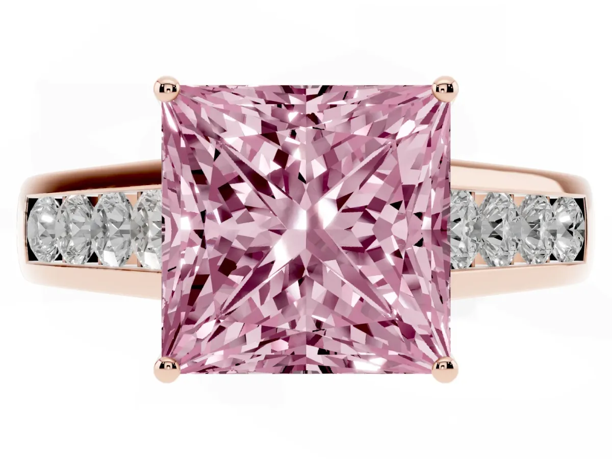 Fancy Pink Princess Cut Solitaire Channel-Set Diamond Engagement Ring with Four-Prong Setting Rose gold