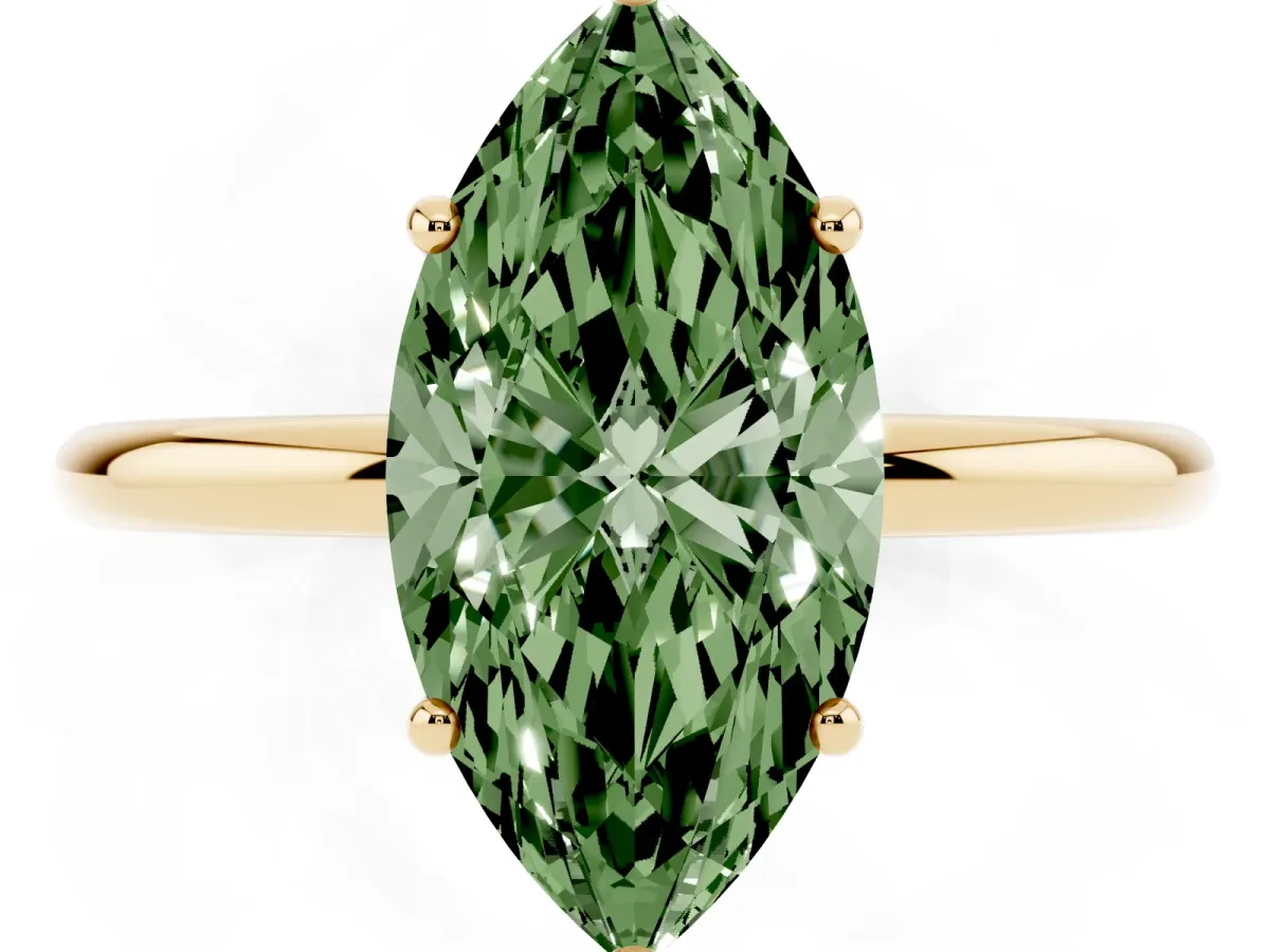 Fancy Green Marquise Cut Solitaire Diamond Ring with a Classic Band and Four-Prong Setting Yellow gold