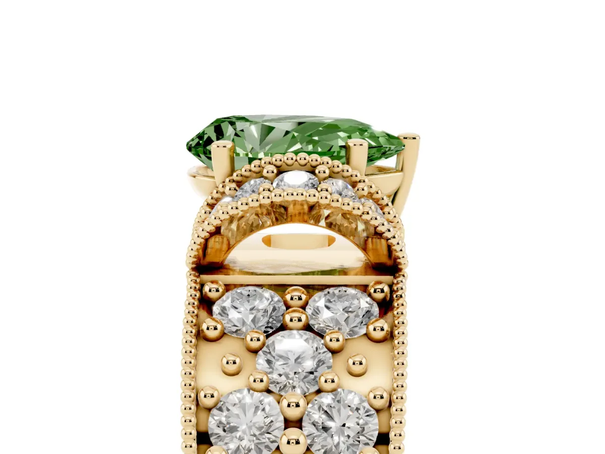 Fancy Green Pear Cut Halo Pave Diamond Engagement Ring with Milgrain Detailing Yellow gold