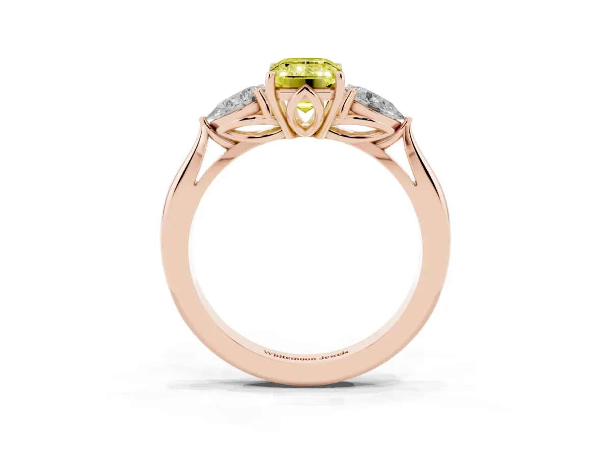 Fancy Yellow Emerald Cut Diamond Three-Stone Ring with Pear Side Stones and Prong Setting Rose gold