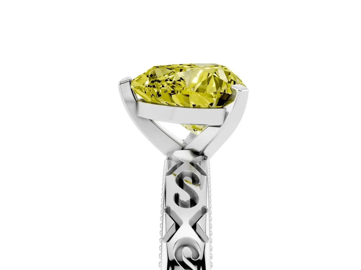 Fancy Yellow Heart Cut Solitaire Engagement Ring with Scrollwork Band and Four-Prong Setting Platinum