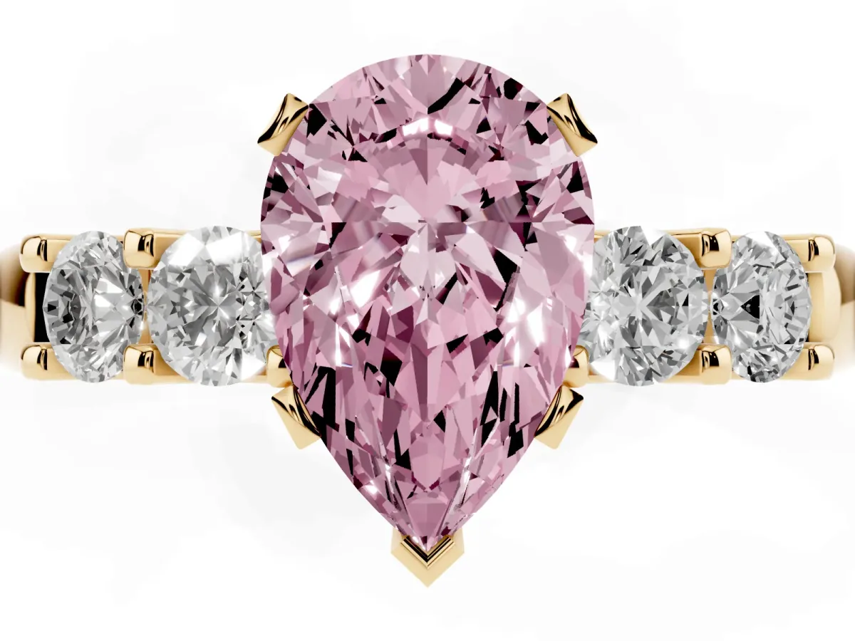 Fancy Pink Pear Cut Brilliant Cut Diamond Five-Stone Prong Set Engagement Ring with Channel Band Yellow gold