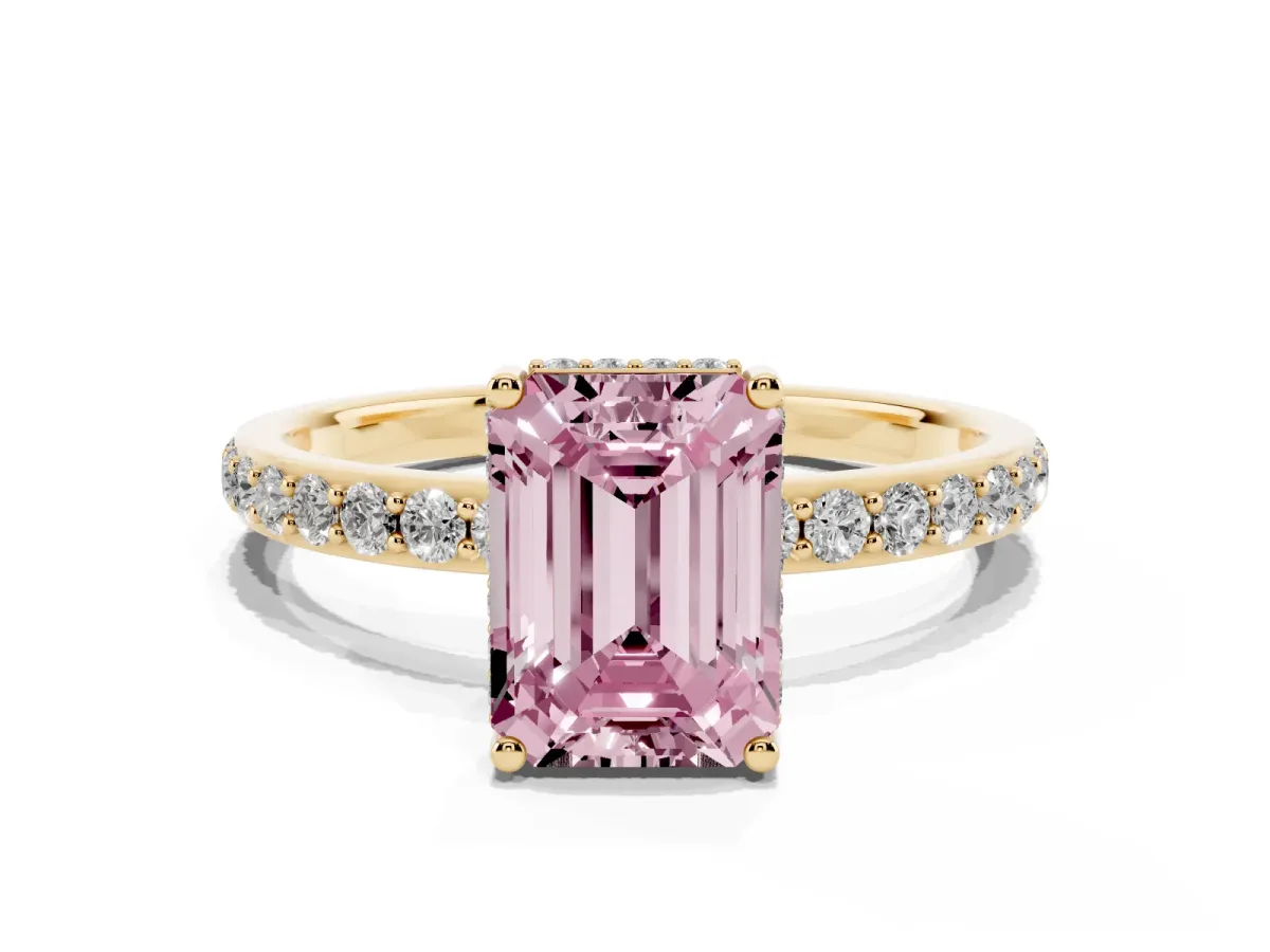 Fancy Pink Emerald Cut Diamond Solitaire Ring with Pavé Band and Hidden Halo Yellow gold