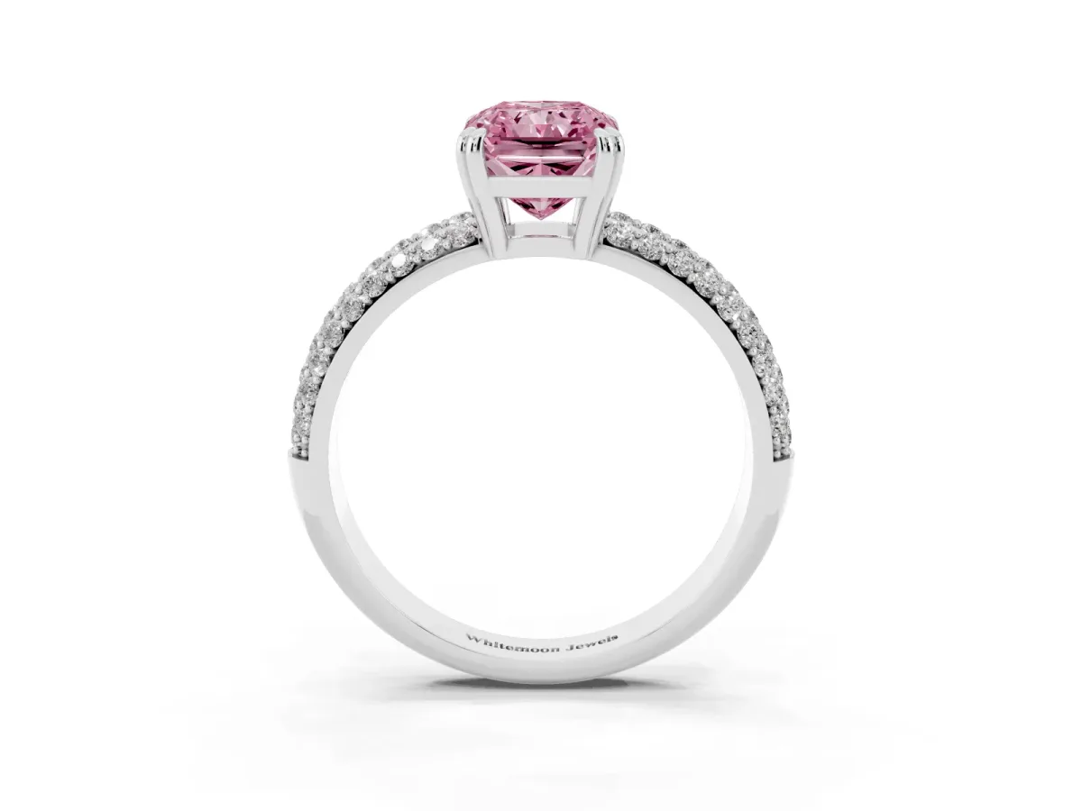 Fancy Pink Radiant Cut Diamond Solitaire Ring with Multi-Row Round Pavé Band and Prong Setting Silver