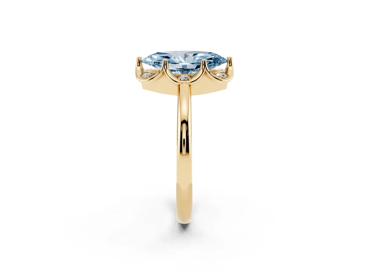 Fancy Blue Marquise Cut Halo Diamond Ring with Round Cluster Setting, Solitaire Band, and Four-Prong Setting Yellow gold