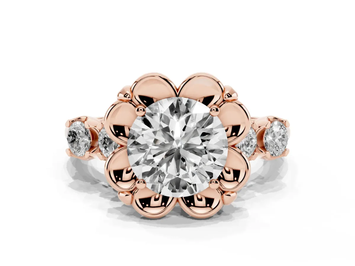 Round Cut Cut Diamond Floral Halo Engagement Ring with Shared Prong Setting Rose gold