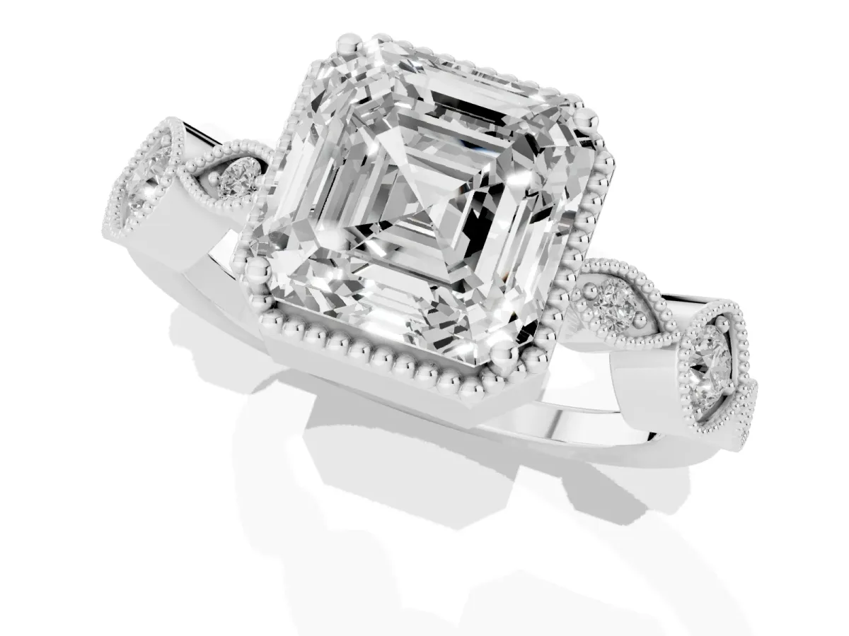 Asscher Cut Diamond Vintage Milgrain Ring with Round Stations Platinum