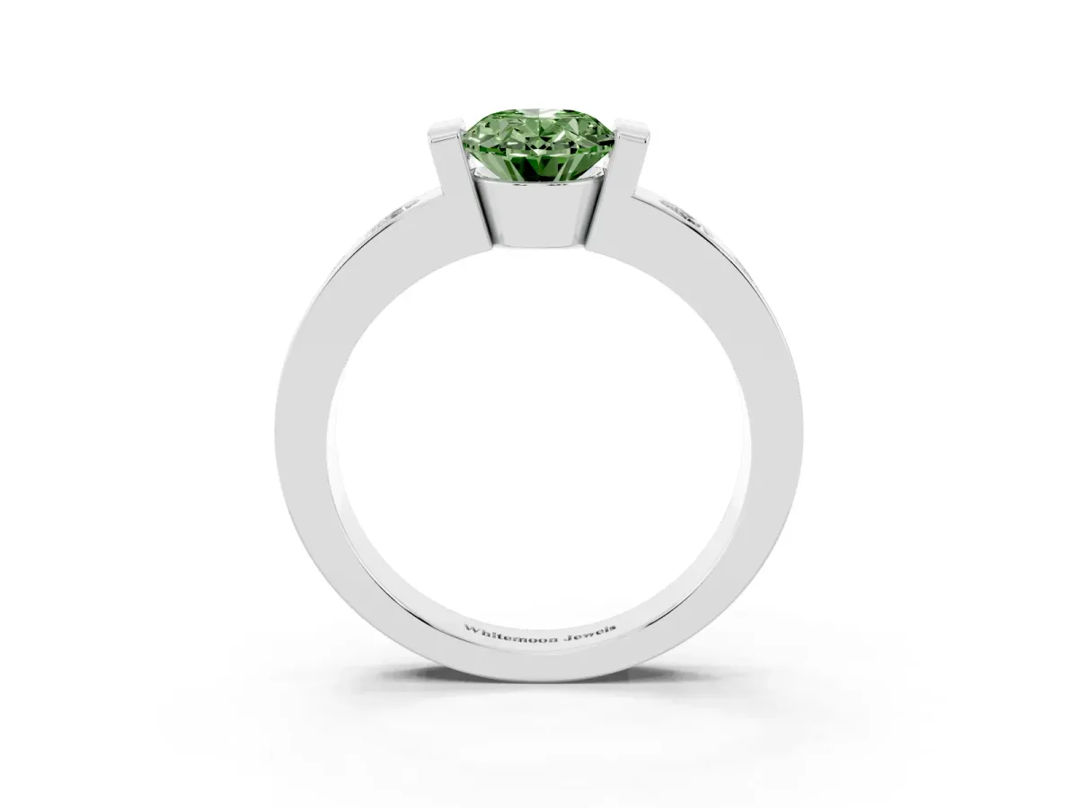 Fancy Green Oval Cut Brilliant Channel-Set Diamond Ring with Bezel Prong Setting Silver