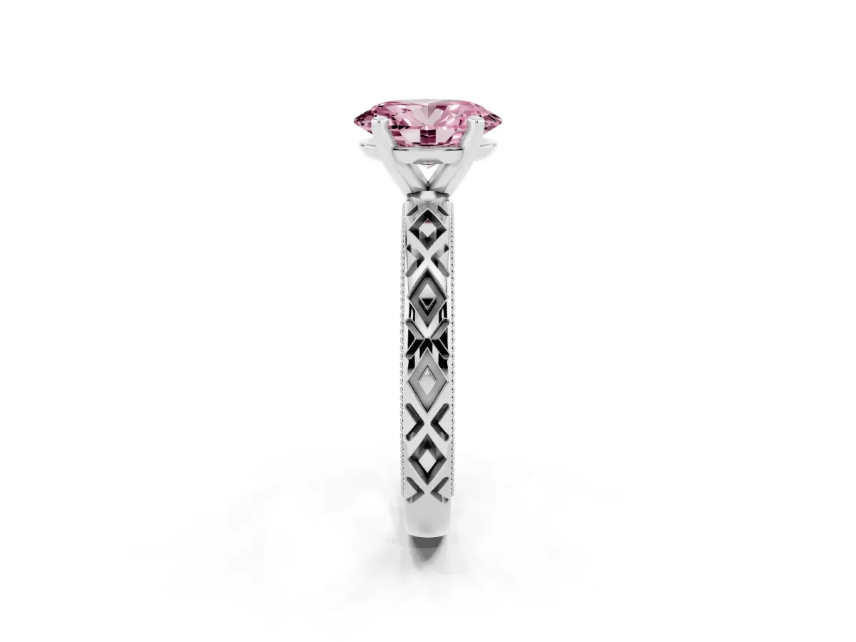 Fancy Pink Oval Cut Solitaire Diamond Ring with Milgrain and Black Enamel X Pattern Band Silver