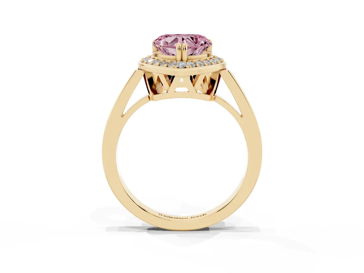 Fancy Pink Heart Cut Diamond Halo Ring with Split Shank and Four-Prong Setting Yellow gold