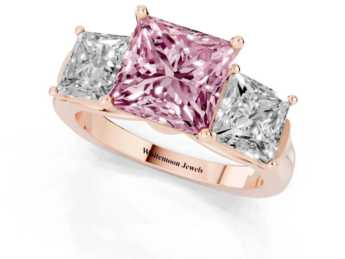 Fancy Pink Three-Stone Princess Cut Brilliant Diamond Trellis Ring with Comfort Fit Band Rose gold