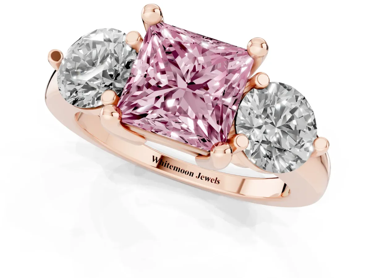 Fancy Pink Three-Stone Princess Cut Brilliant Cut Solitaire Ring with Prong Setting on a Classic Band Rose gold