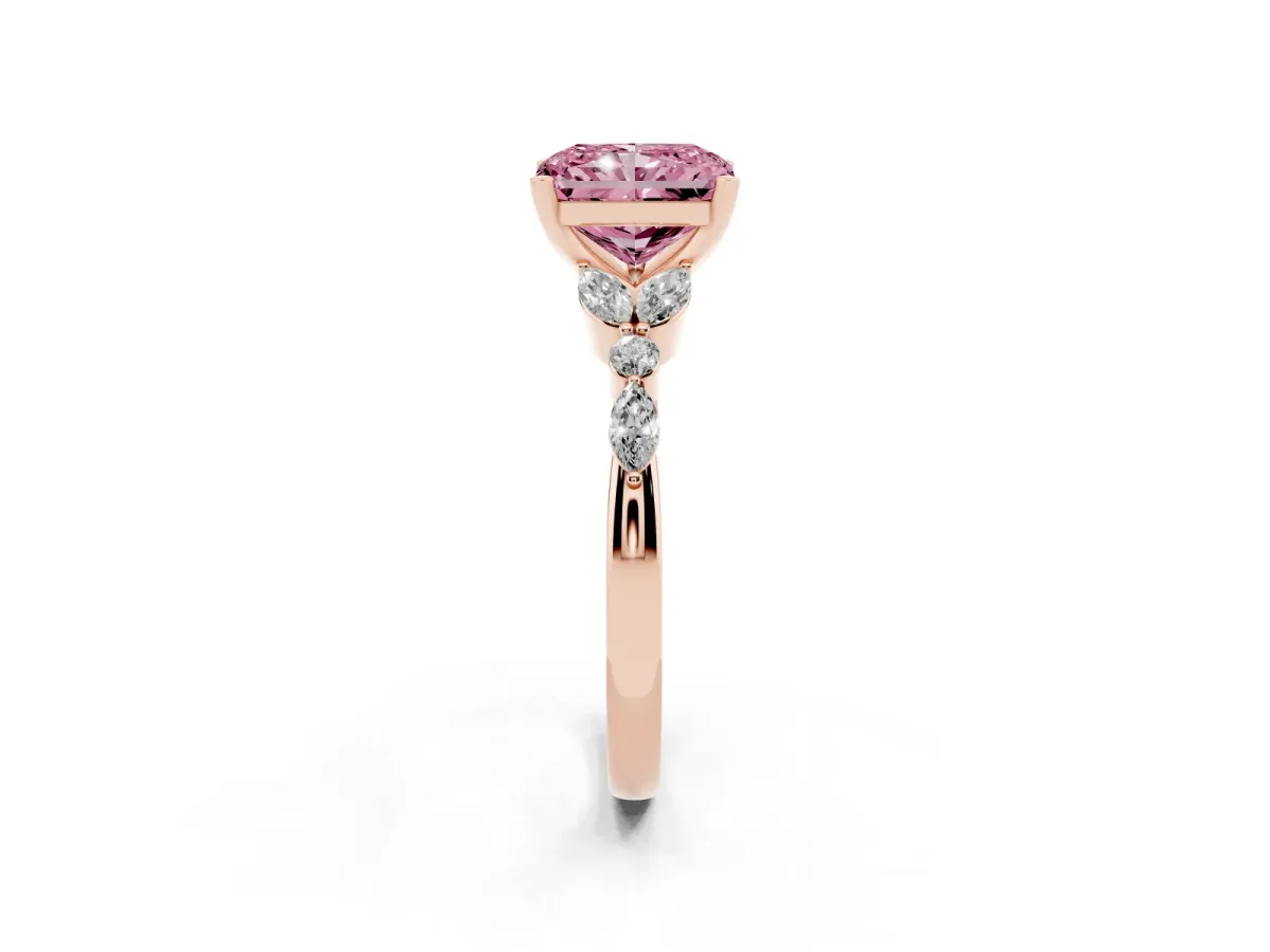 Fancy Pink Radiant Cut Diamond Solitaire Ring with Side Stones and Four-Prong Setting Rose gold
