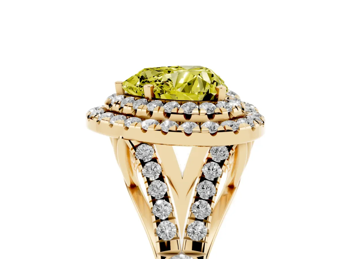 Fancy Yellow Double Halo Heart Cut Diamond Split Shank Engagement Ring with Four-Prong Setting Yellow gold