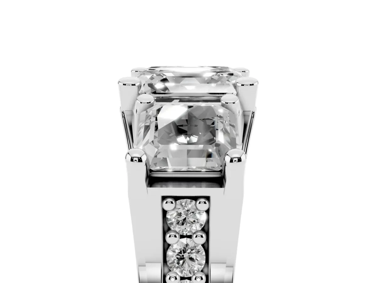 Asscher Cut Diamond Three-Stone Ring with Channel Set Band and Four-Prong Setting Silver