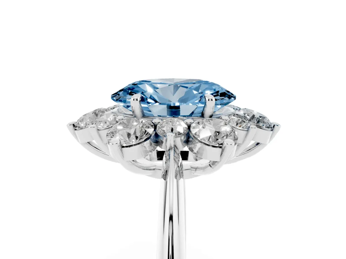 Fancy Blue Oval Cut Diamond Cluster Halo Ring with Solitaire Band and Four-Prong Setting Silver