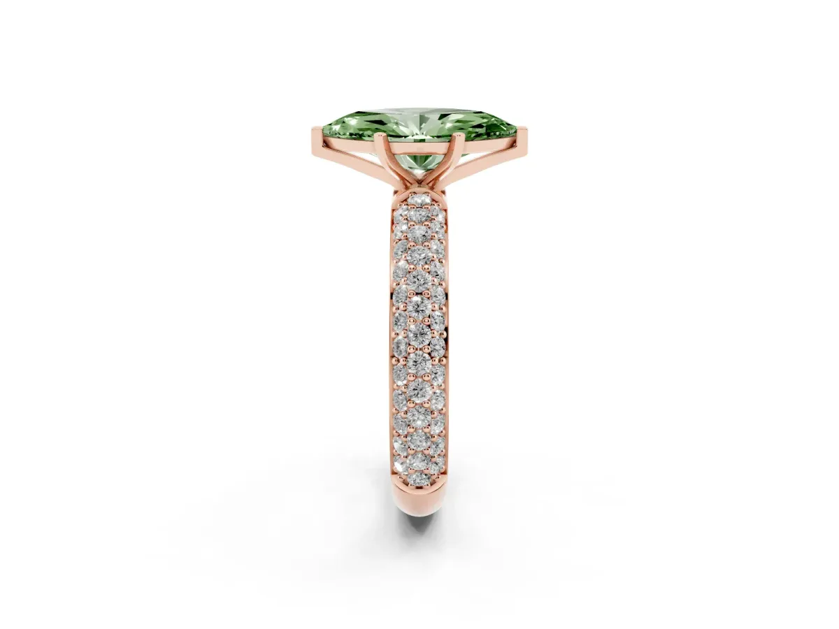Fancy Green Marquise Cut Diamond Solitaire Ring with Prong Setting and Pavé Band Rose gold