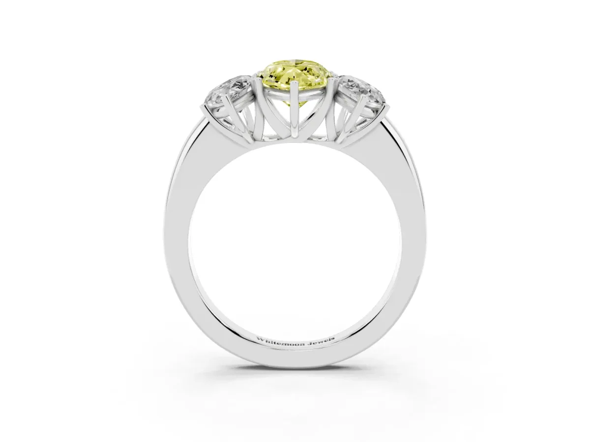 Fancy Yellow Marquise Cut Diamond Three-Stone Ring with Four-Prong Setting and Classic Band Silver