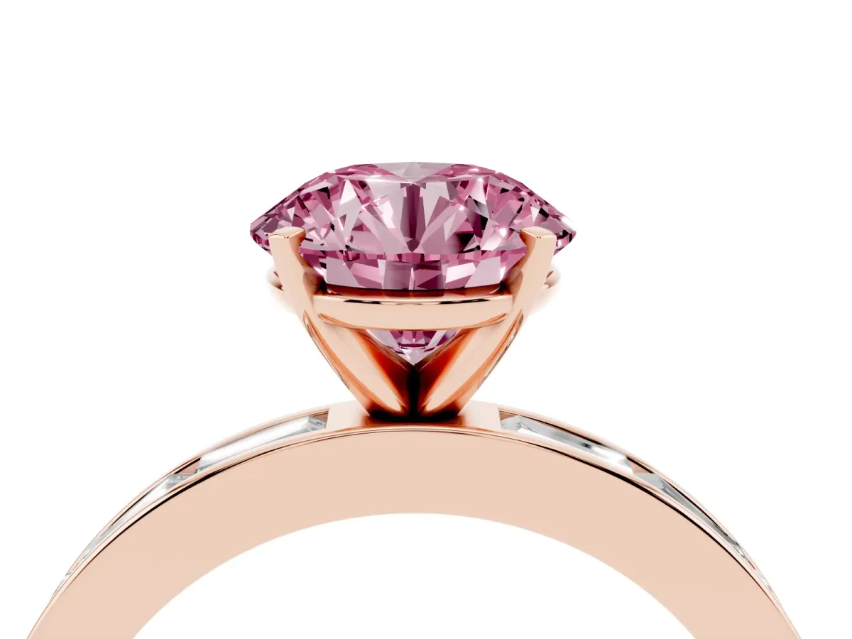 Fancy Pink Round Cut Solitaire Diamond Ring with Channel-Set Baguette Band and Four-Prong Setting Rose gold
