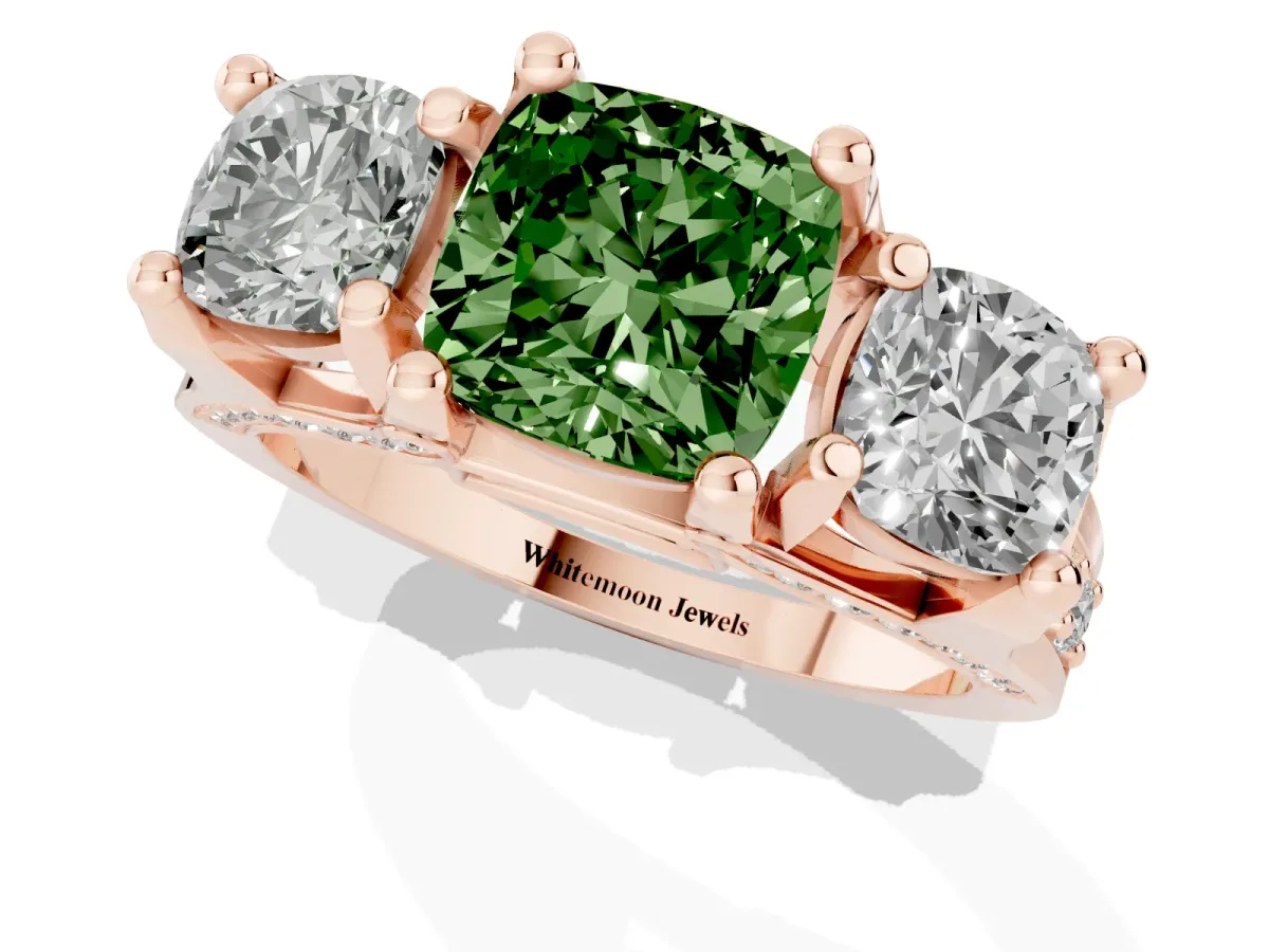 Fancy Green Cushion Cut Diamond Three-Stone Ring with Channel Set Band and Four-Prong Setting Rose gold