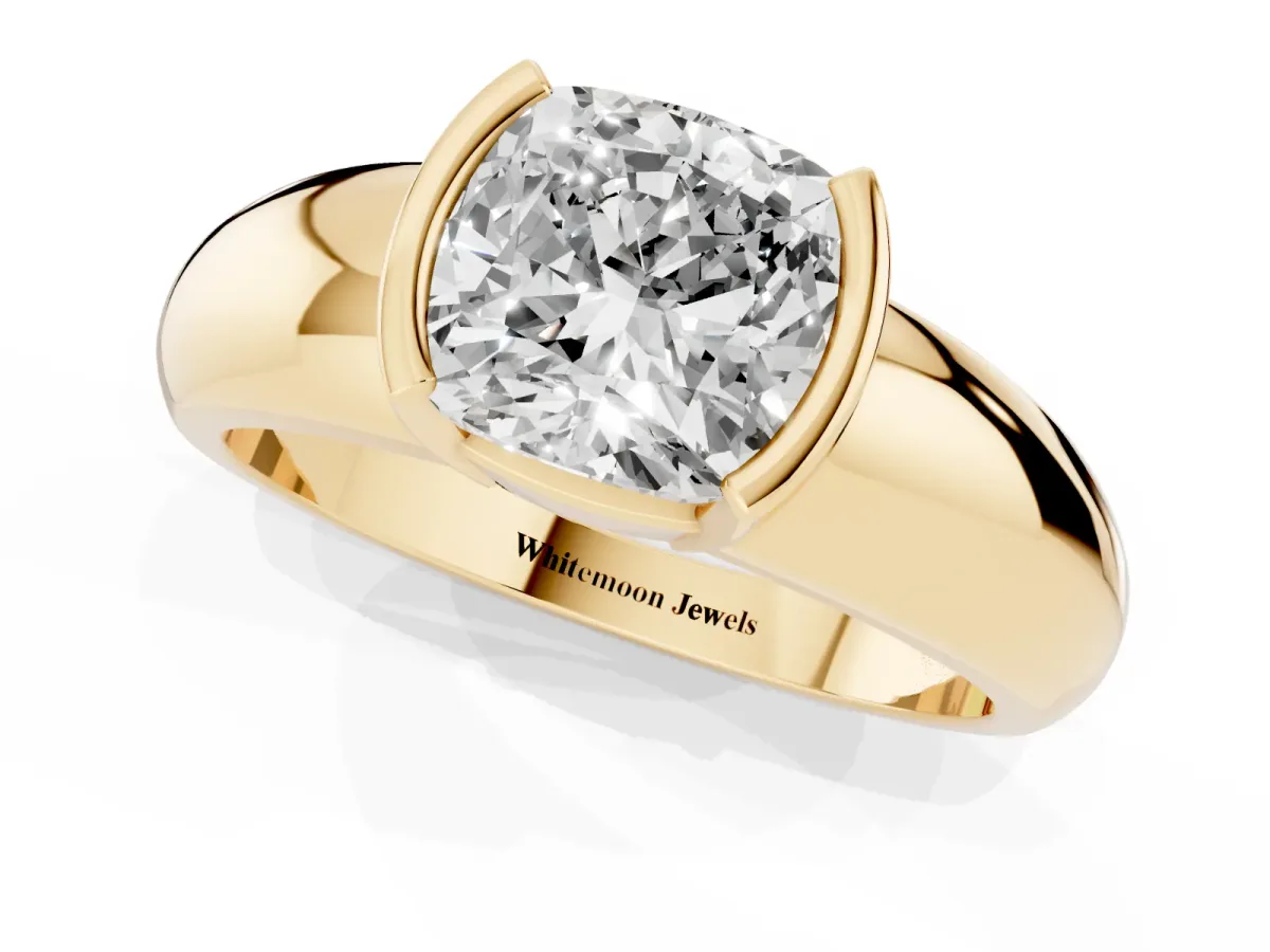 Cushion Cut Solitaire Tension Set Diamond Ring with Wide Band Yellow gold