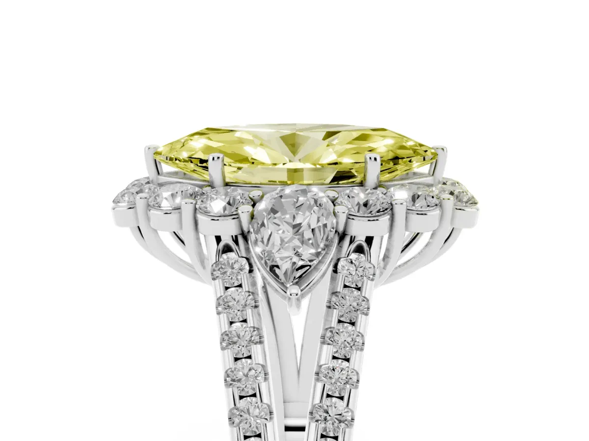 Fancy Yellow Marquise Cut Halo Split Shank Diamond Engagement Ring with Prong Setting Silver