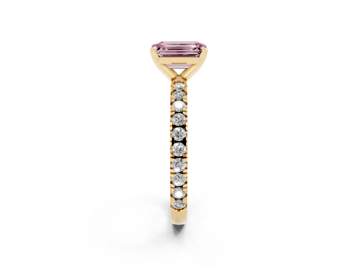 Fancy Pink Emerald Cut Diamond Pavé Band Solitaire with Four-Prong Setting Yellow gold