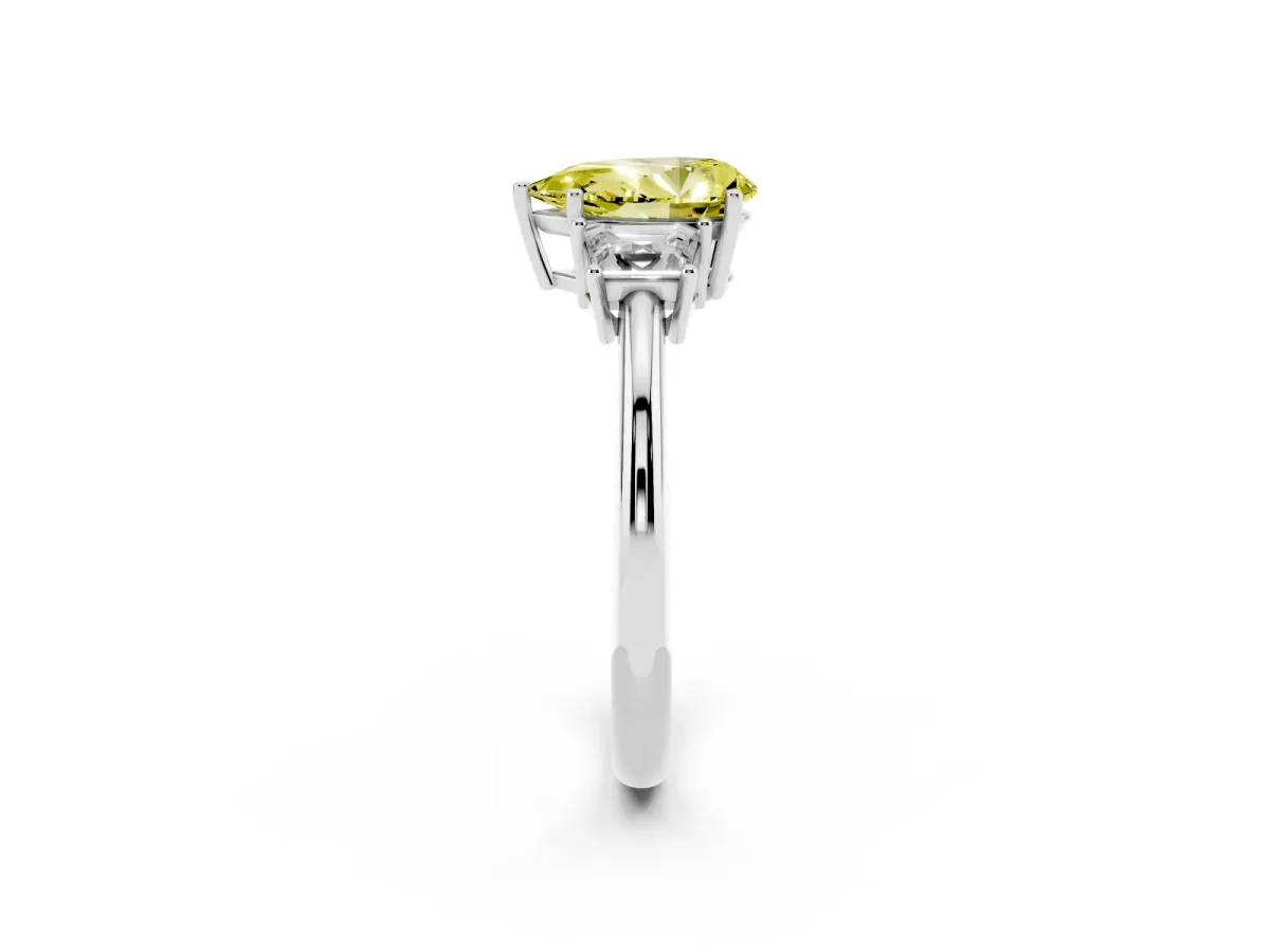 Fancy Yellow Pear Cut Diamond Three-Stone Ring with Trapezoid Side Stones and Prong Setting Platinum