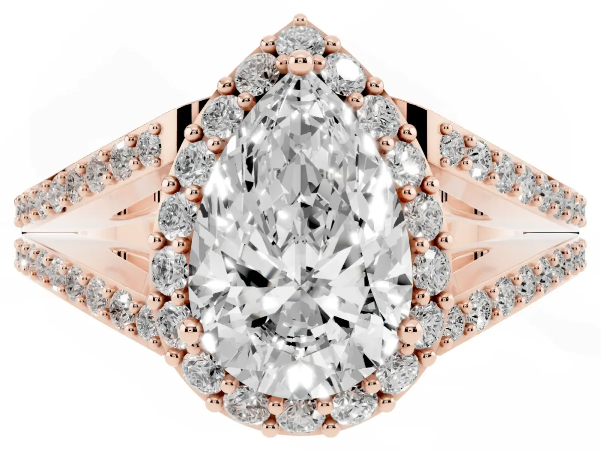 Pear Cut Halo Split Shank Diamond Ring with Prong Setting Rose gold