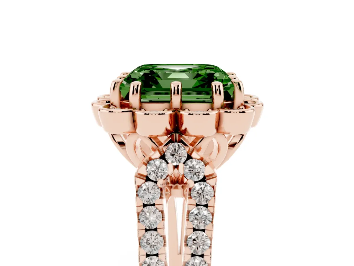 Fancy Green Asscher Cut Halo Diamond Floral Split Shank Engagement Ring Rose gold