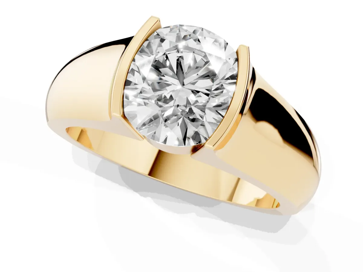 Round Cut Solitaire Bezel Set Diamond Ring with Wide Band Yellow gold