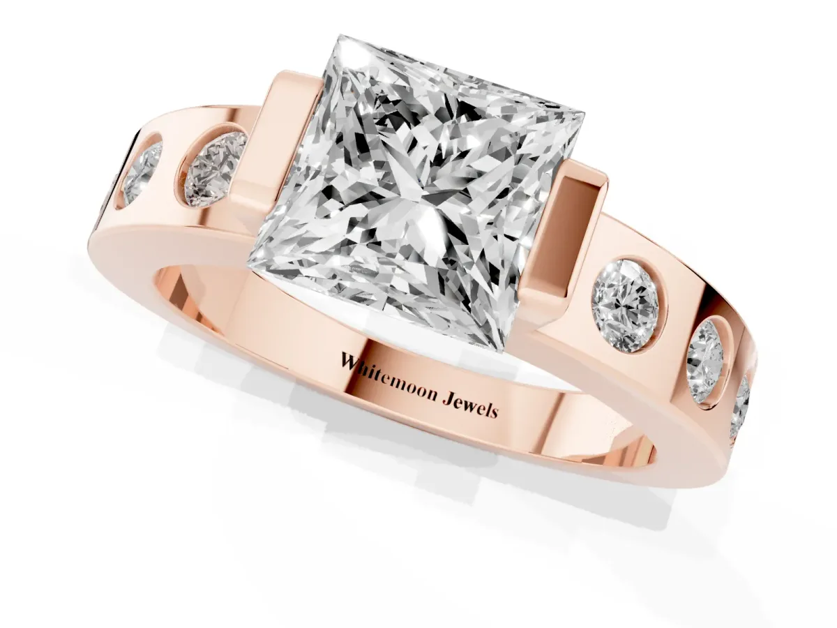 Princess Cut Brilliant Channel-Set Diamond Ring with Bezel Prong Setting Rose gold