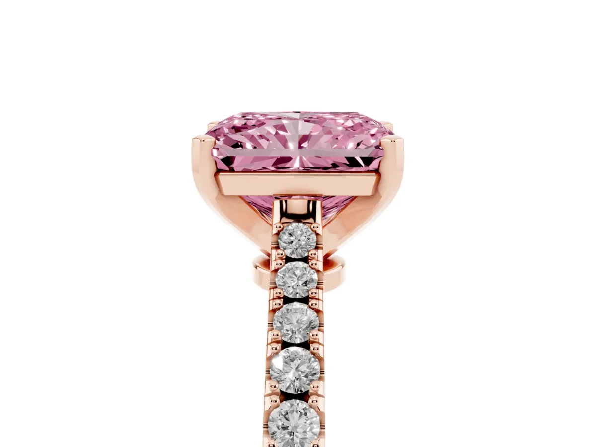 Fancy Pink Radiant Cut Cut Solitaire Diamond Engagement Ring with Pave Band and Four-Prong Setting Rose gold