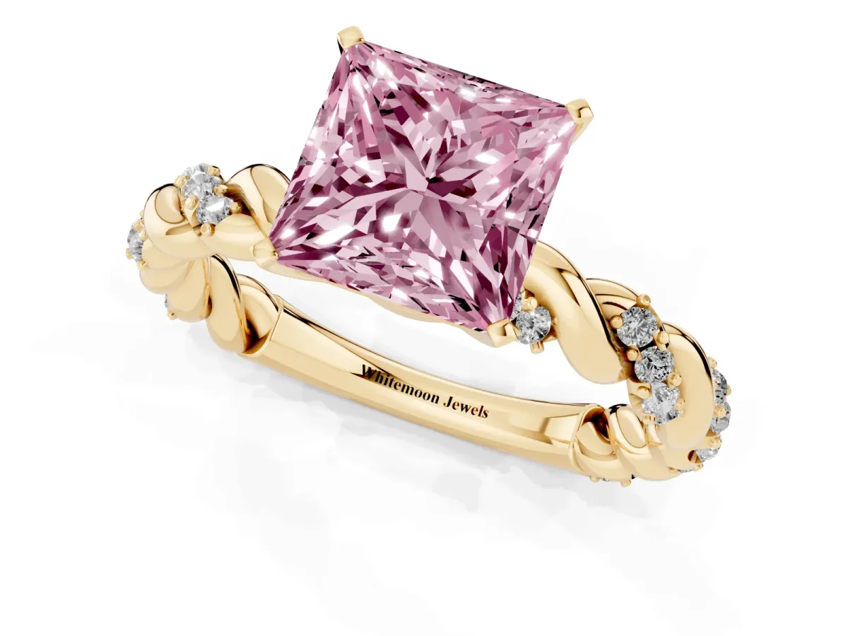 Fancy Pink Princess Cut Diamond Solitaire Ring with Twisted Band and Pavé Accents Yellow gold