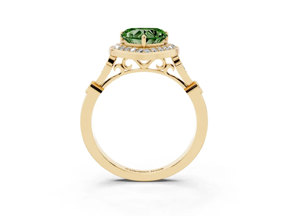 Fancy Green Heart Cut Halo Diamond Engagement Ring with Twisted Band and Four-Prong Setting Yellow gold