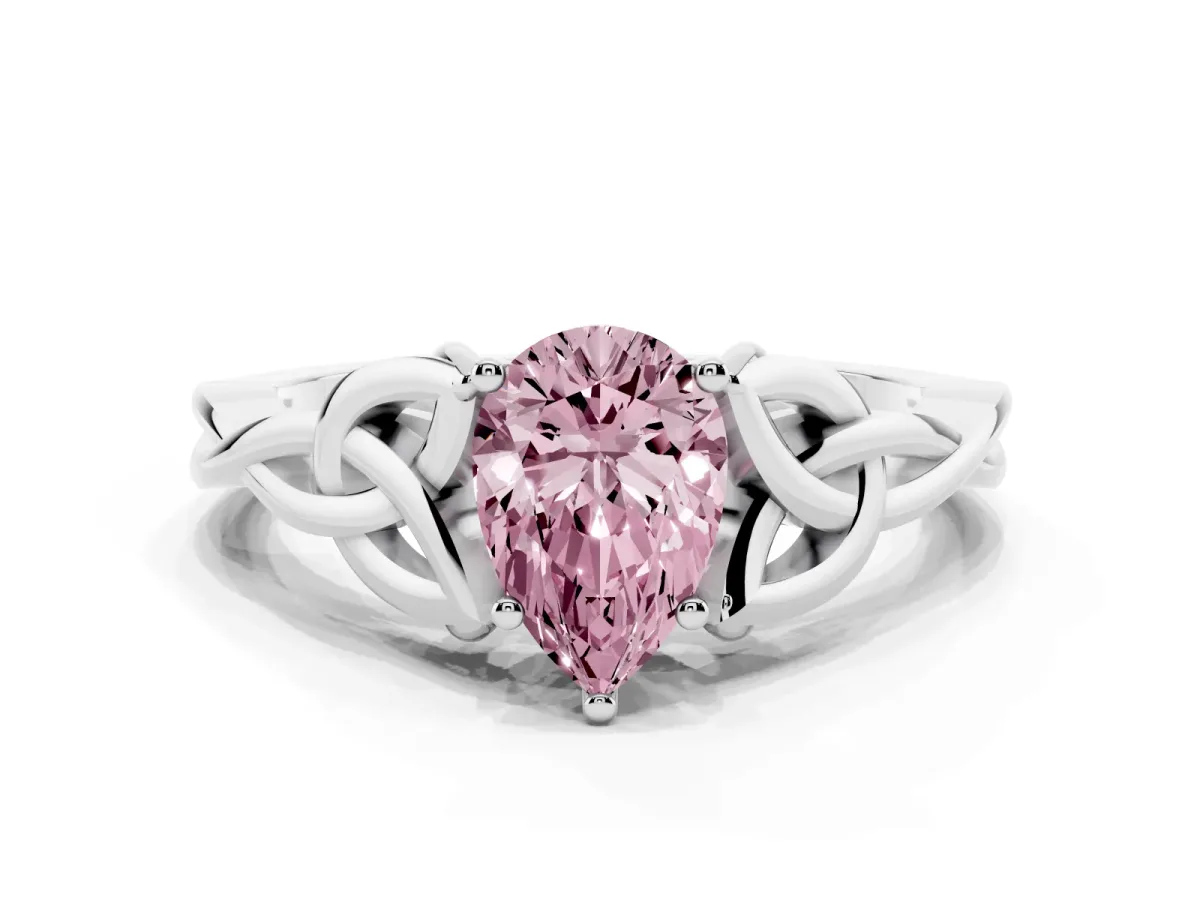Fancy Pink Pear Cut Diamond Solitaire Engagement Ring with Celtic Knot Band and Four-Prong Setting Silver