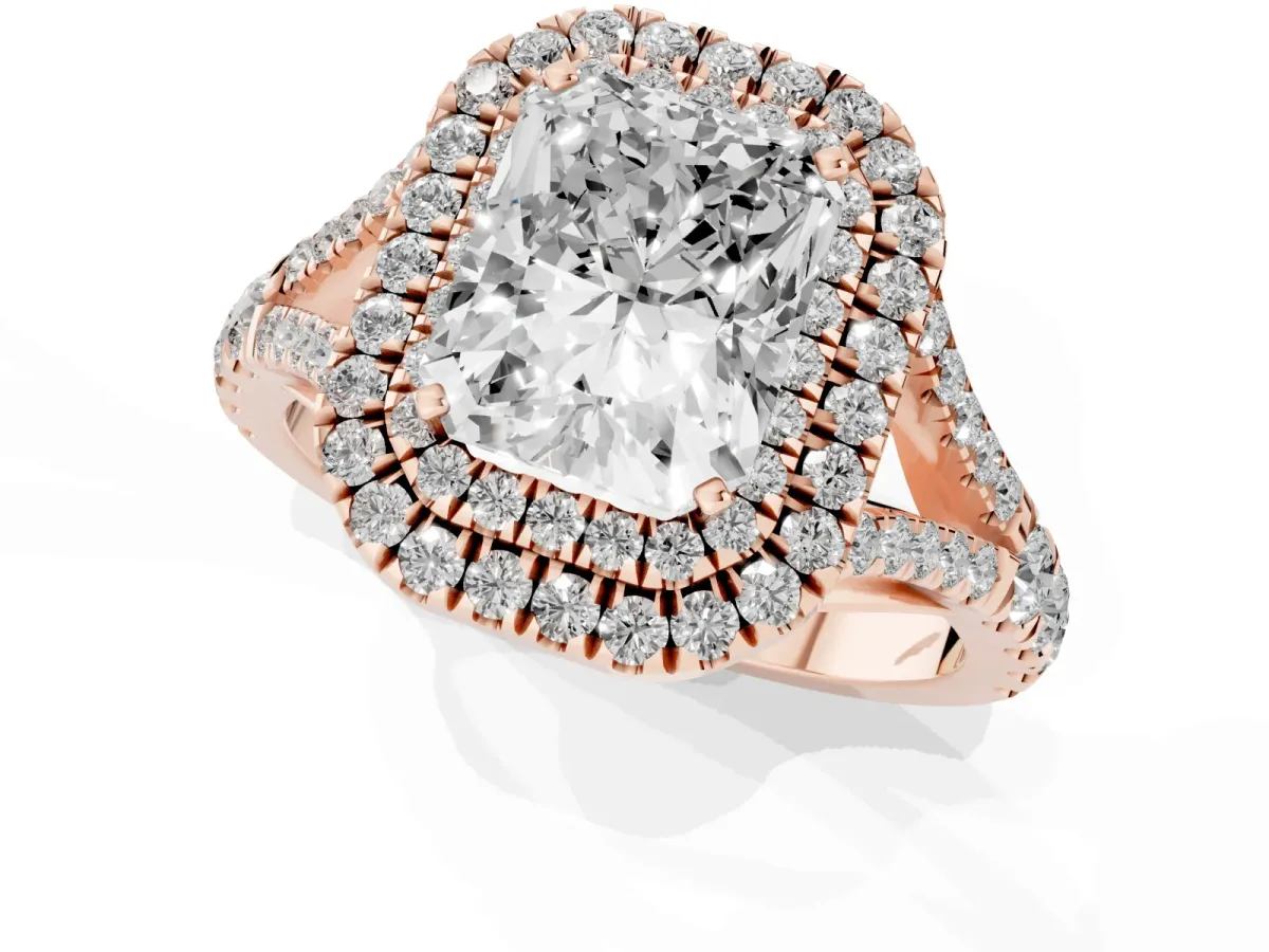 Radiant Cut Diamond Double Halo Ring with Split Shank and Prong Setting Rose gold