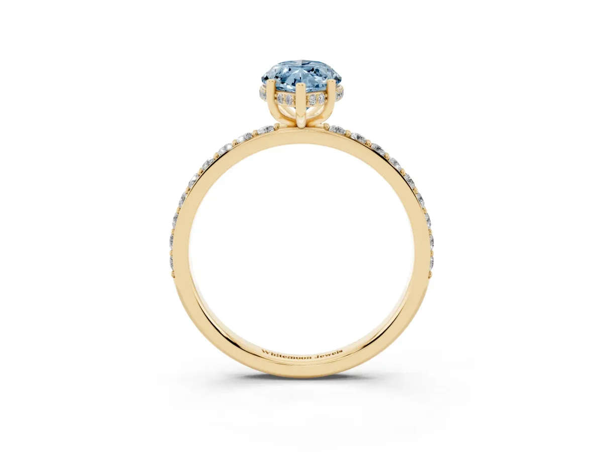 Fancy Blue Marquise Cut Diamond Solitaire Ring with Pavé Band and Hidden Halo Yellow gold