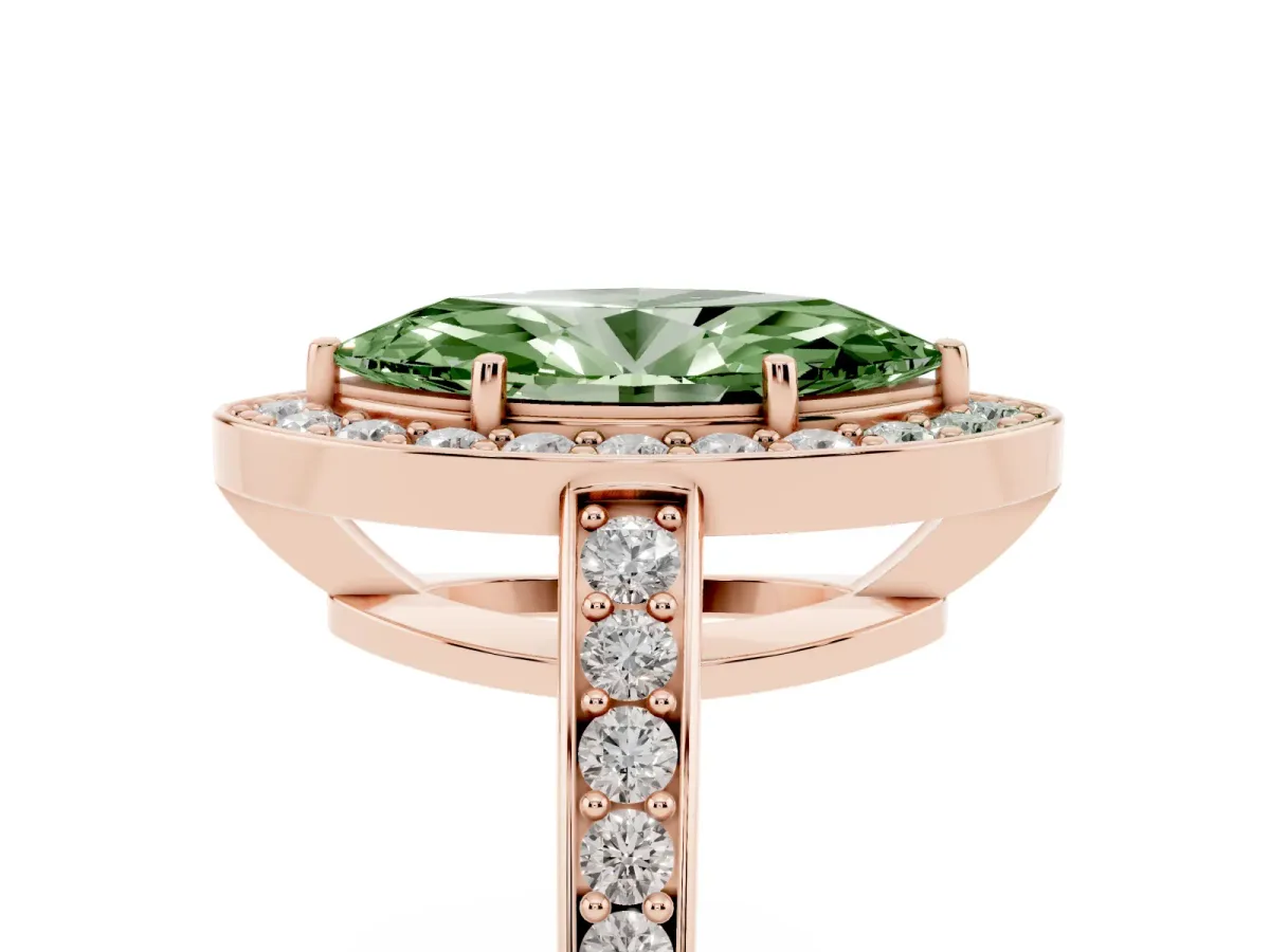 Fancy Green Marquise Cut Halo Pavé Diamond Engagement Ring with Bezel Setting Rose gold