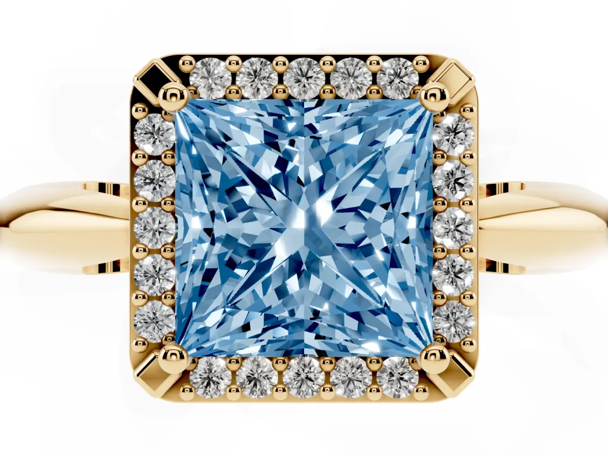 Fancy Blue Princess Cut Cut Diamond Halo Engagement Ring with Split Shank and Four-Prong Setting Yellow gold
