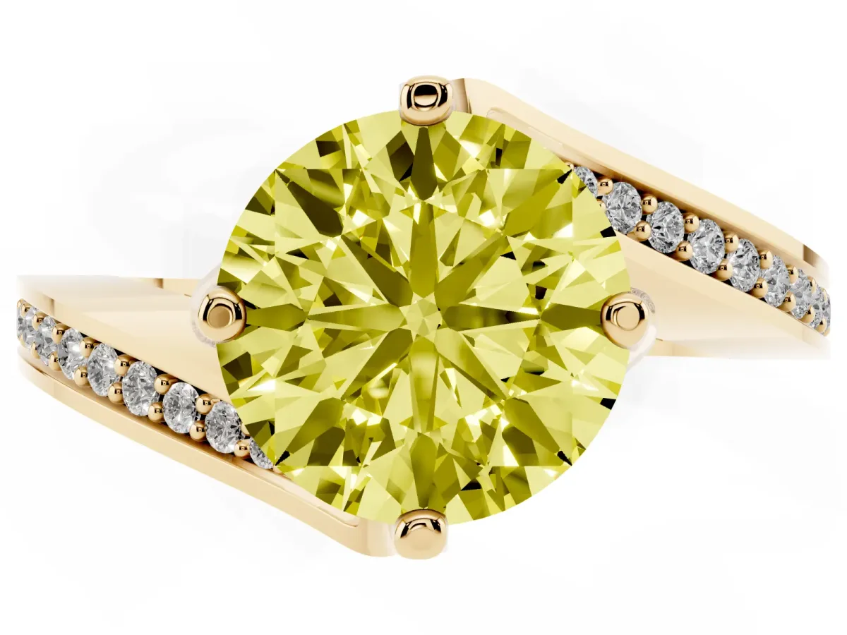 Fancy Yellow Round Cut Solitaire Diamond Twist Band with Pavé Setting and Four-Prong Setting Yellow gold
