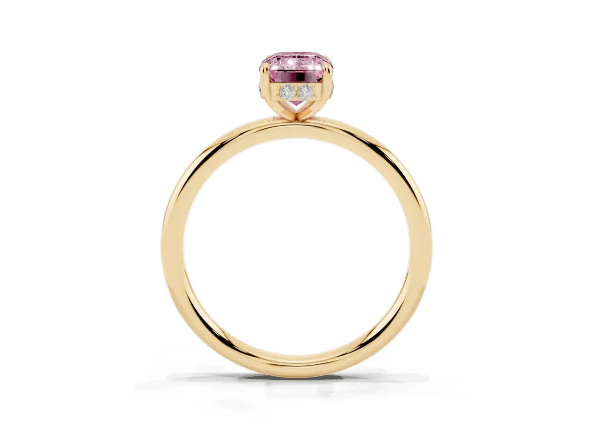 Fancy Pink Emerald Cut Solitaire Diamond Ring with a Classic Band and Four-Prong Setting Yellow gold