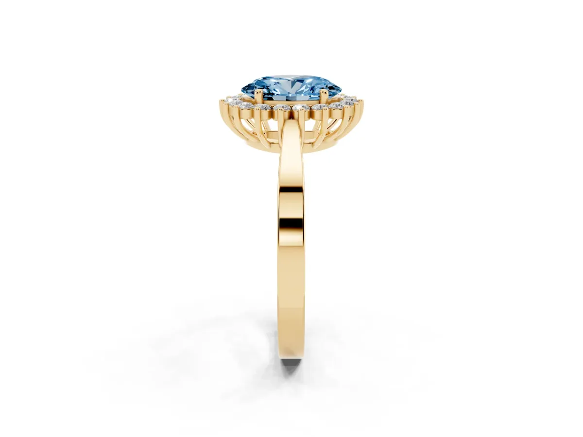 Fancy Blue Oval Cut Cut Diamond Halo Ring with Round Brilliant Halo and Solitaire Band Yellow gold