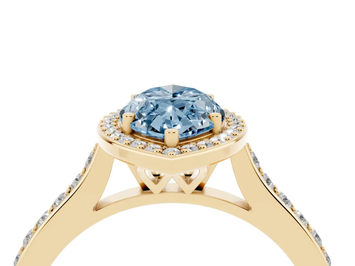Fancy Blue Marquise Cut Diamond Halo Engagement Ring with Round Pavé Shoulders and Prong Setting Yellow gold