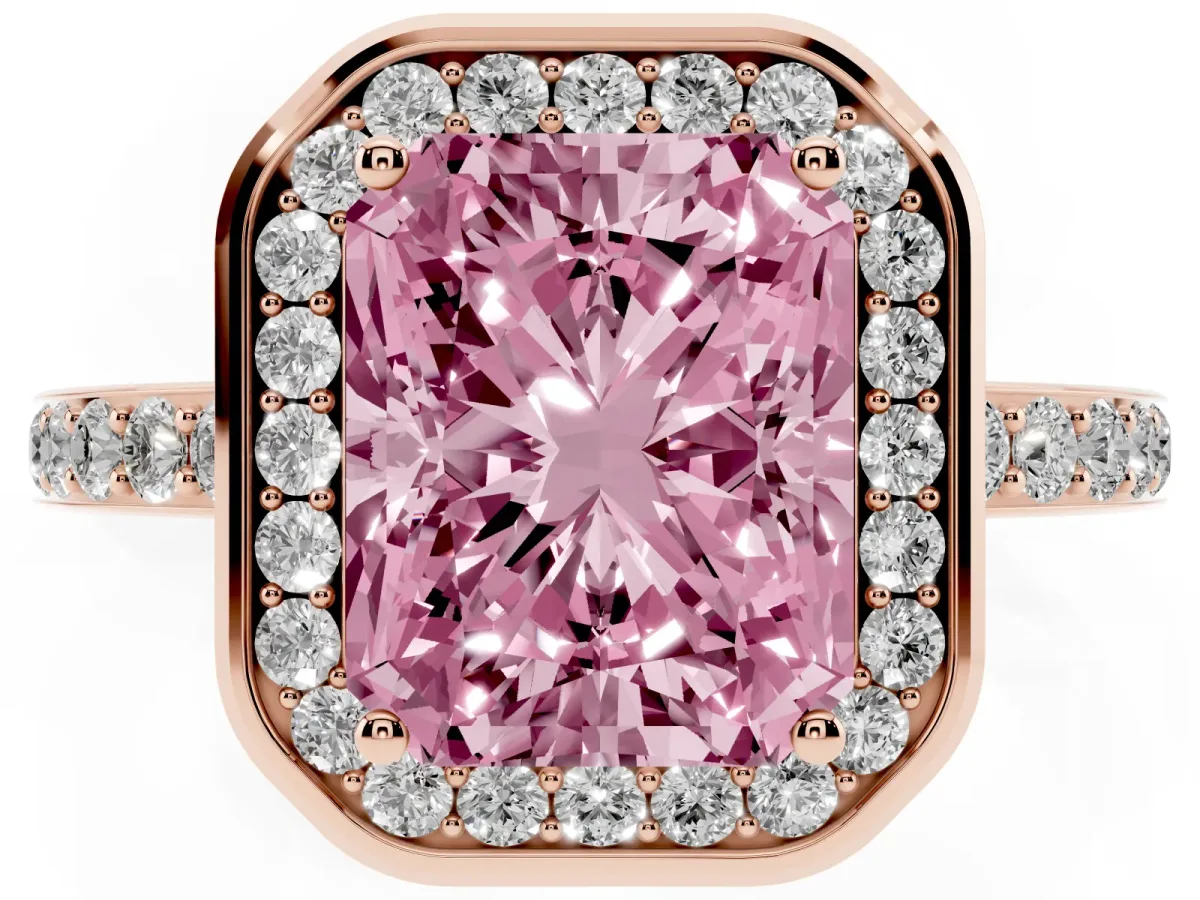 Fancy Pink Radiant Cut Diamond Halo Ring with Bezel Frame and Pavé Band Rose gold