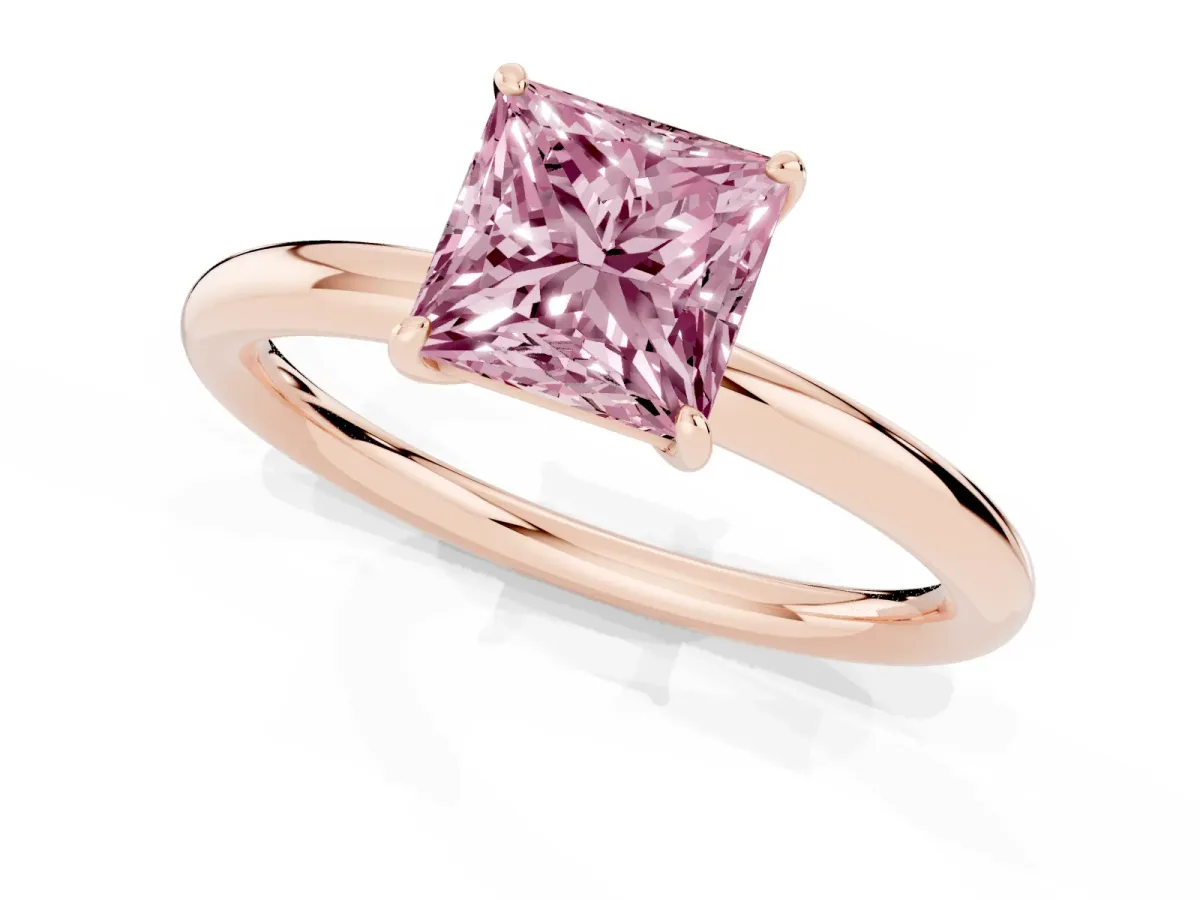 Fancy Pink Princess Cut Solitaire Diamond Ring with Four-Prong Setting on a Plain Band Rose gold