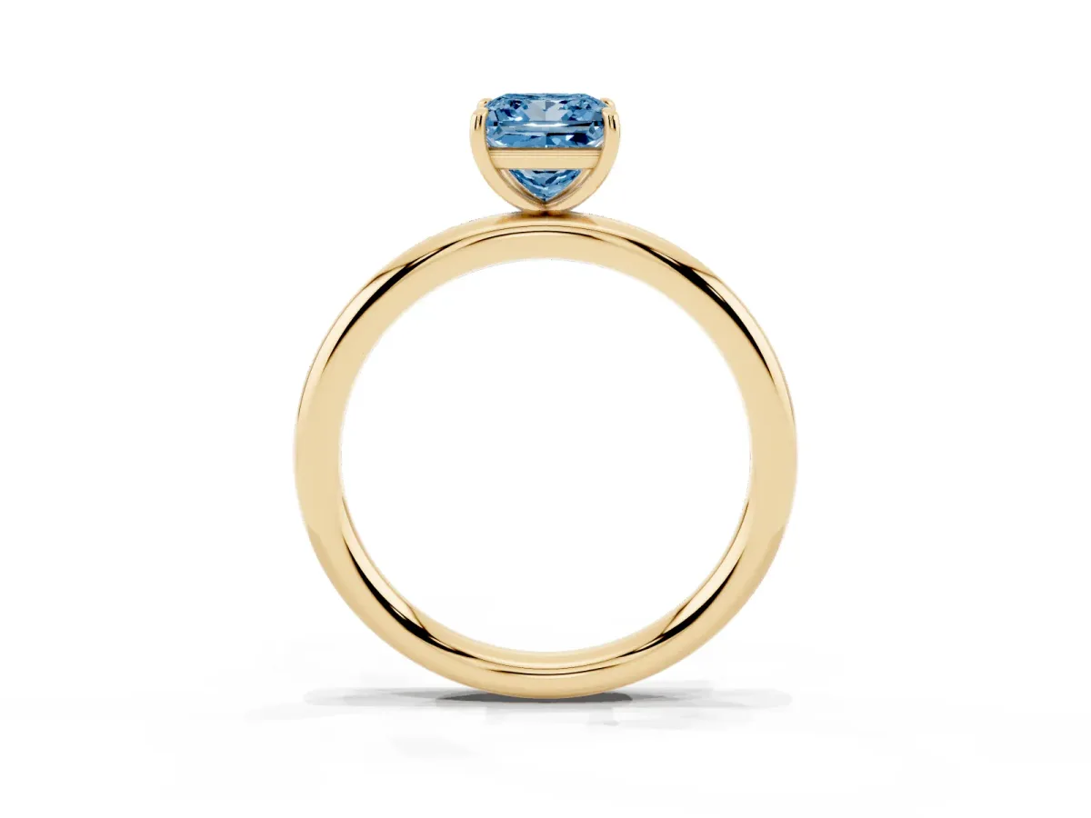 Fancy Blue Princess Cut Solitaire Diamond Ring with Four-Prong Setting on a Plain Band Yellow gold